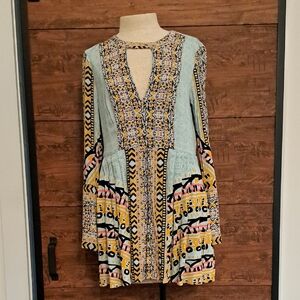 FREE PEOPLE TEGAN Multicolor Bohemian Print Dress. SZ 6. Blues/yellow.